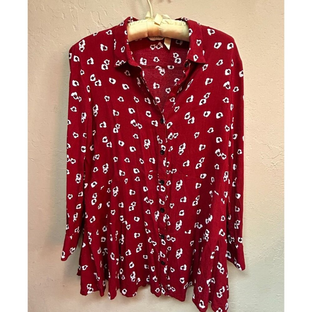 11.1. Tylho Blouse Womens XS Red Floral Peplum 3/4 Sleeve Button Up Shirt Casual